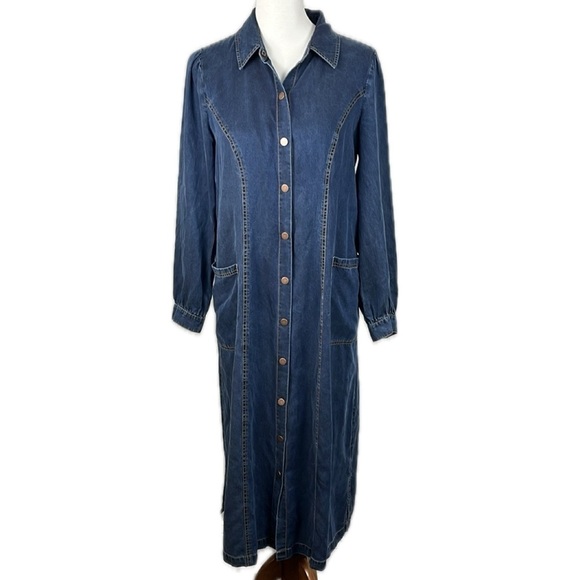 Soft Surroundings Denim Shirt Dress Sz S Tencel Chambray Snap Up Western Cowgirl - Picture 1 of 16